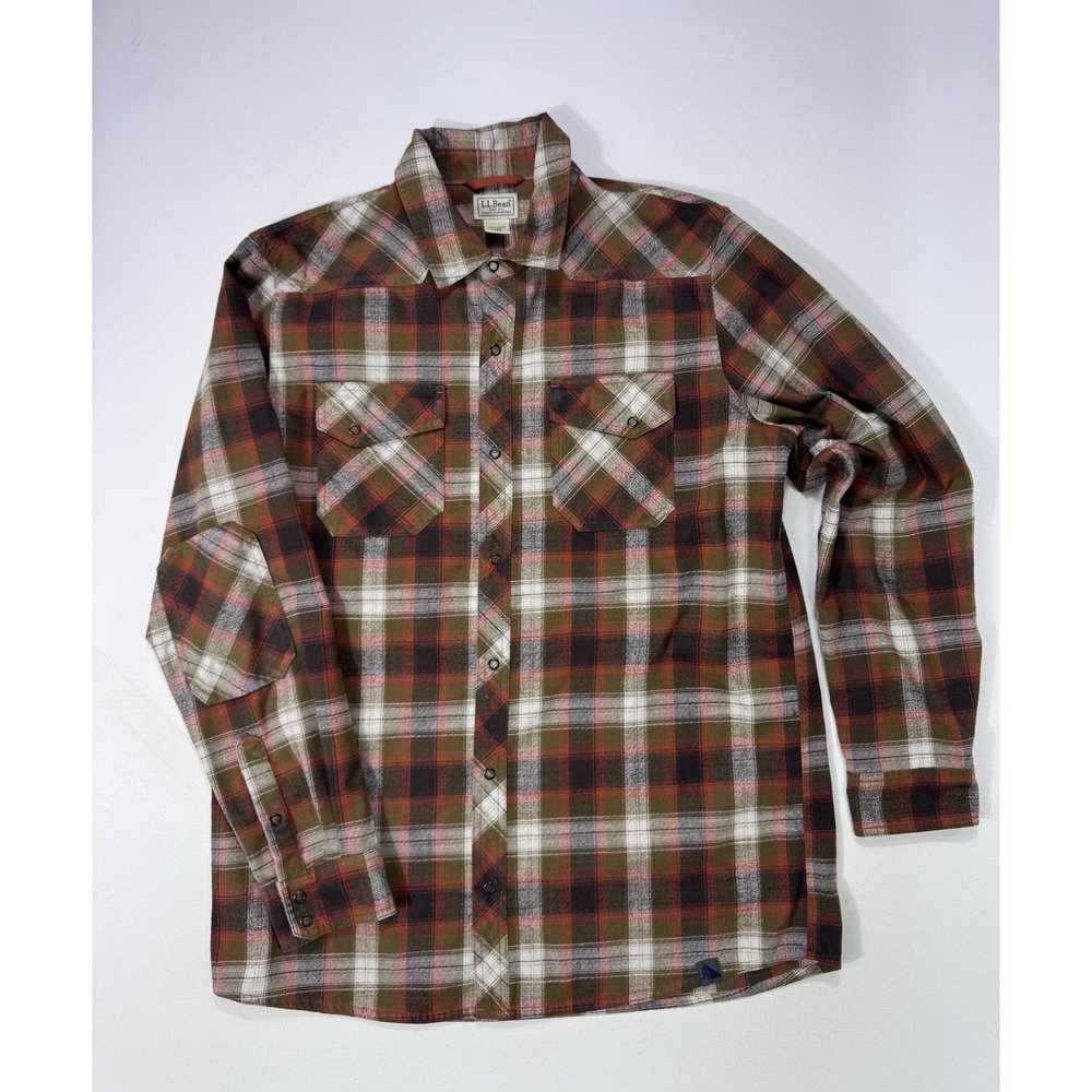LL Bean Katahdin Iron Works Flannel Snap Shirt Mens Large Tall Green Plaid Wool